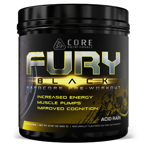 Black supplement container labeled 'Fury Black' by Core Nutritionals on a white background