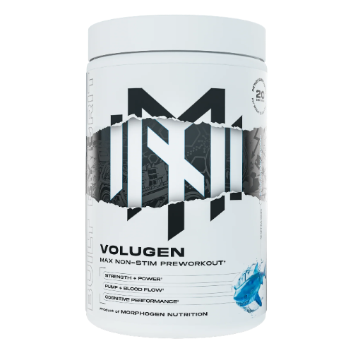 A white plastic tub of Volugen pre-workout by Morphogen Nutrition, featuring a bold black and gray logo 