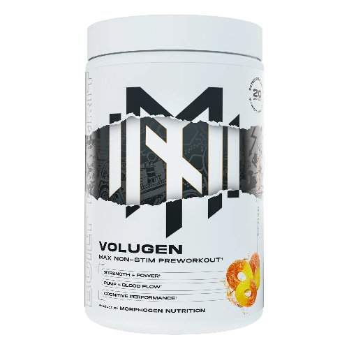 A white plastic tub of Morphogen Nutrition Volugen pre-workout supplement