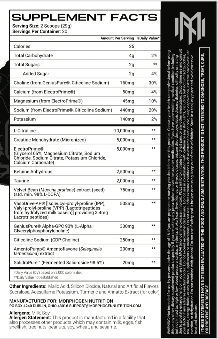 Front, back, and supplement facts label for Volugen Max Non-Interm Workout by Morpheden Nutrition, featuring a black and white design with orange and yellow graphic accents.