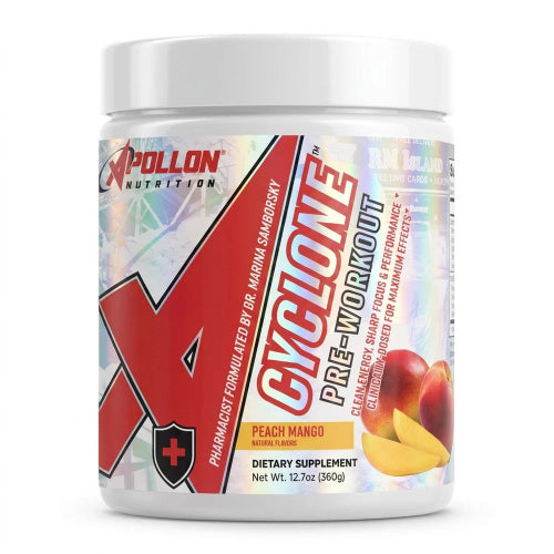 A white plastic tub of Apollon Nutrition Cyclone Pre-Workout supplement in Peach Mango flavor, featuring a red and white label with a large 'X' graphic and peach mango illustrations.