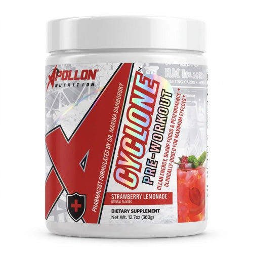 A white plastic tub of Apollon Nutrition Cyclone C Pre-Workout in Strawberry Lemonade flavor, featuring a bold red and white label with a large 'C' graphic and a photo of a strawberry drink on the front.