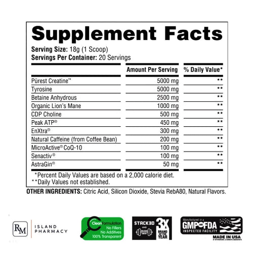 A supplement facts label showing a supplement bottle's nutrition panel with listed ingredients such as Purest Creatine, Tyrosine, and Betaine Anhydrous, plus brand and certification logos at the bottom including Island Pharmacy, Stack 30, and GMPCFDA.