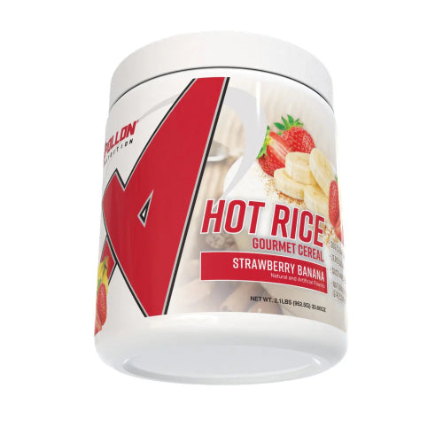 Container of Hot Rice Gourmet Cereal with strawberry and banana flavor on a white background