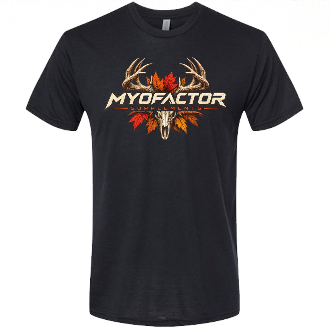 A black short-sleeve crewneck t-shirt featuring a chest graphic with the text 'MYOFACTOR' in gold, flanked by brown antlers and orange autumn leaves around a deer skull, shown on a plain white background.