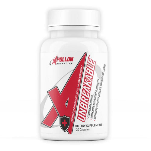 A white bottle of Apollon Nutrition Unbreakable dietary supplement with a white cap, featuring a red and black label design.