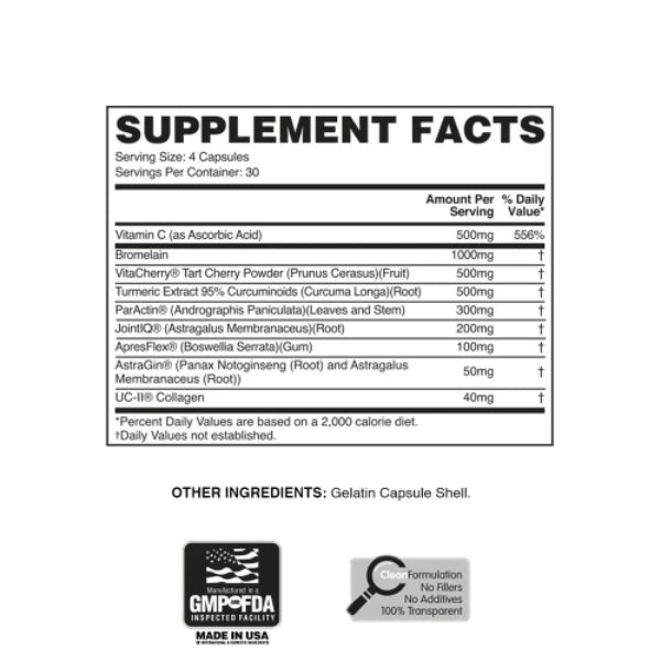 A supplement facts label with a black-and-white table showing serving size, calories, and listed ingredients such as Vitamin C, Browniam, VitasCherry, Turmeric, and Astragalus. Below the table are GMPOFDA Made in USA and Clean Formulation badges.